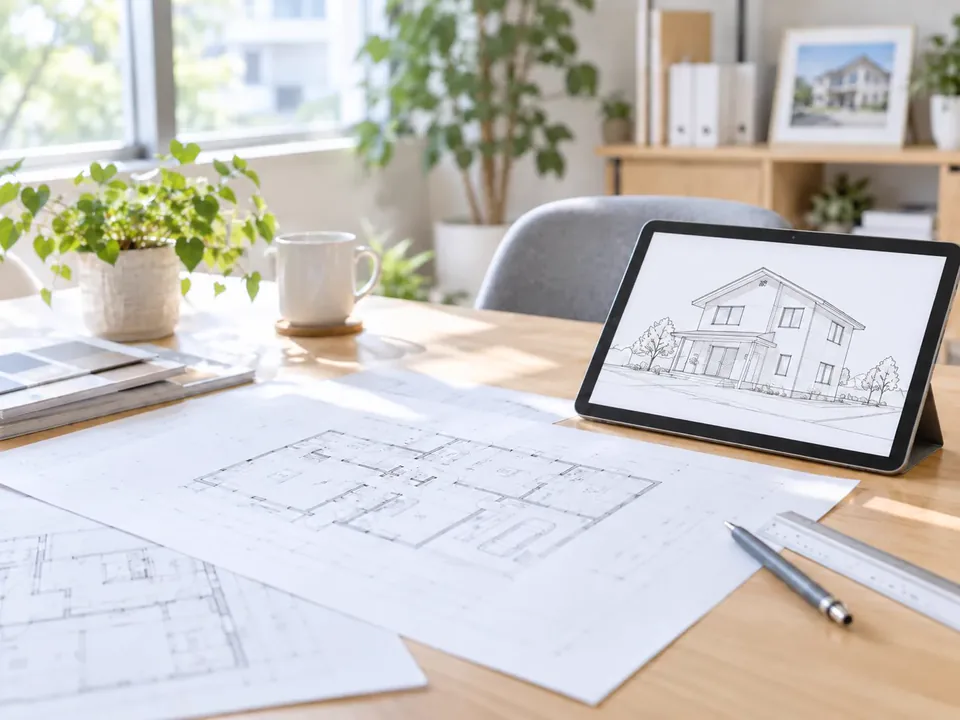 平面図とタブレットの線画